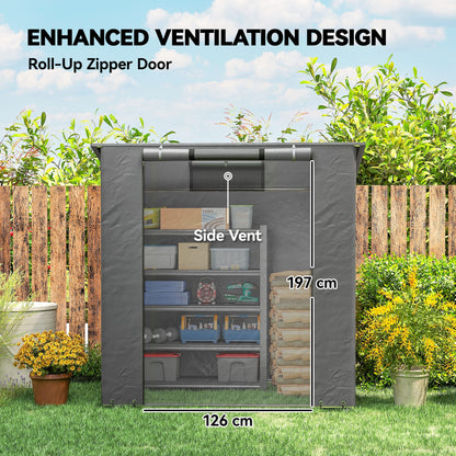 Waterproof Garden Storage Shelter 1.87 x 1.20 m (6.1 x 3.9 ft) – Sloped Roof, Roll-Up Zip Door, Vent, Reinforced Metal Frame, UV Resistant – Dark Gray