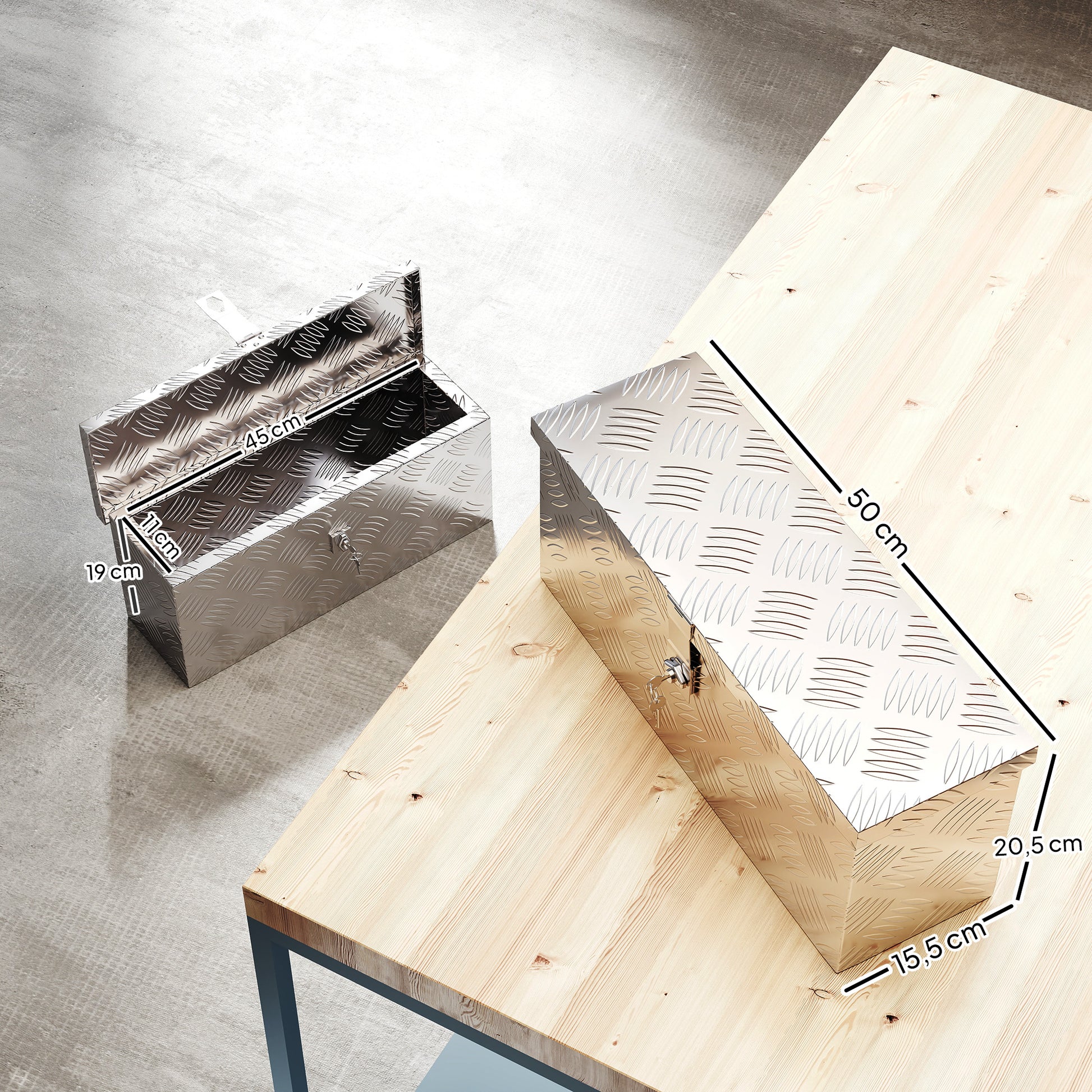 Storage Box - Aluminum Toolbox - Aluminum Tool Case with Key Lock 50L x 15.5W x 20.5H cm - Silver