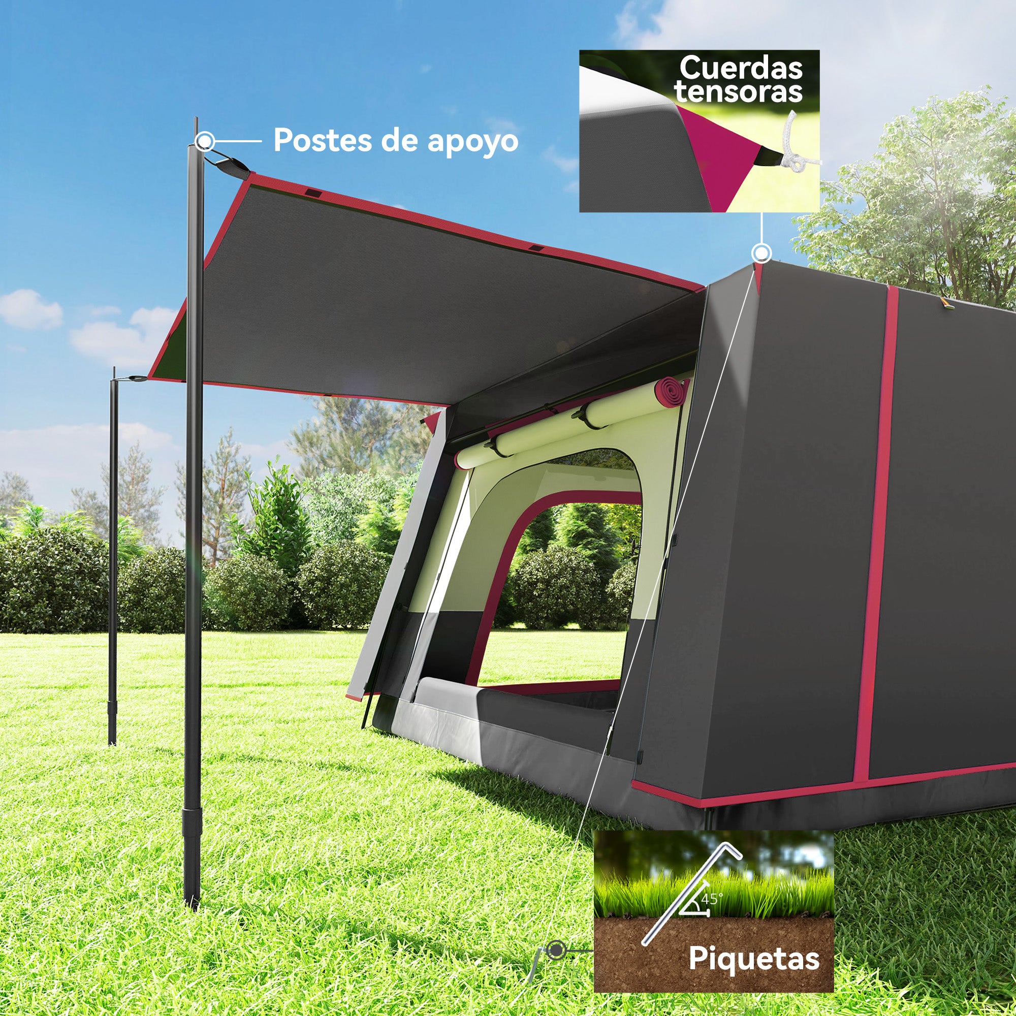 Family Tent for 4-6 People Tunnel Tent with 2 Sleeping Areas Awning Waterproof 3000 mm UV Protection for Fishing Hiking Red