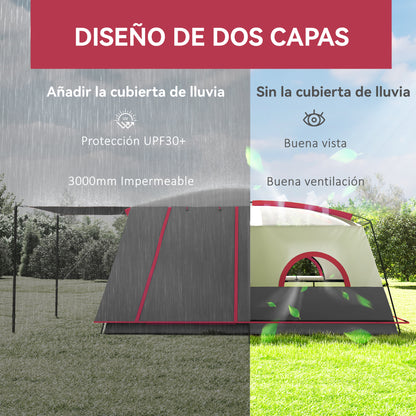 Family Tent for 4-6 People Tunnel Tent with 2 Sleeping Areas Awning Waterproof 3000 mm UV Protection for Fishing Hiking Red