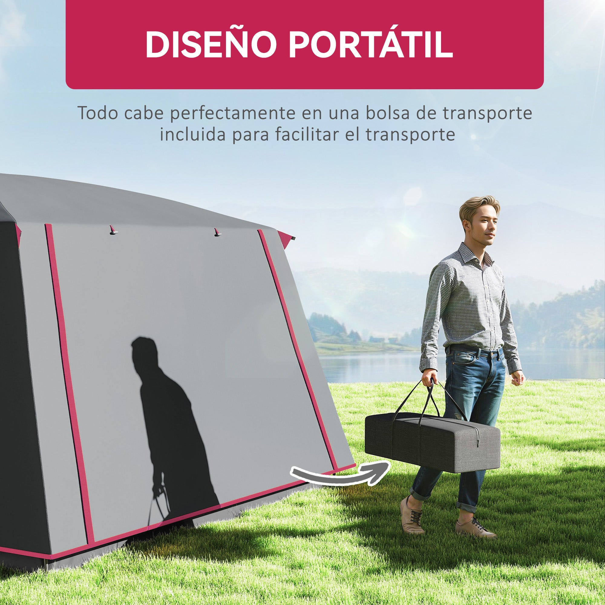 Family Tent for 4-6 People Tunnel Tent with 2 Sleeping Areas Awning Waterproof 3000 mm UV Protection for Fishing Hiking Red