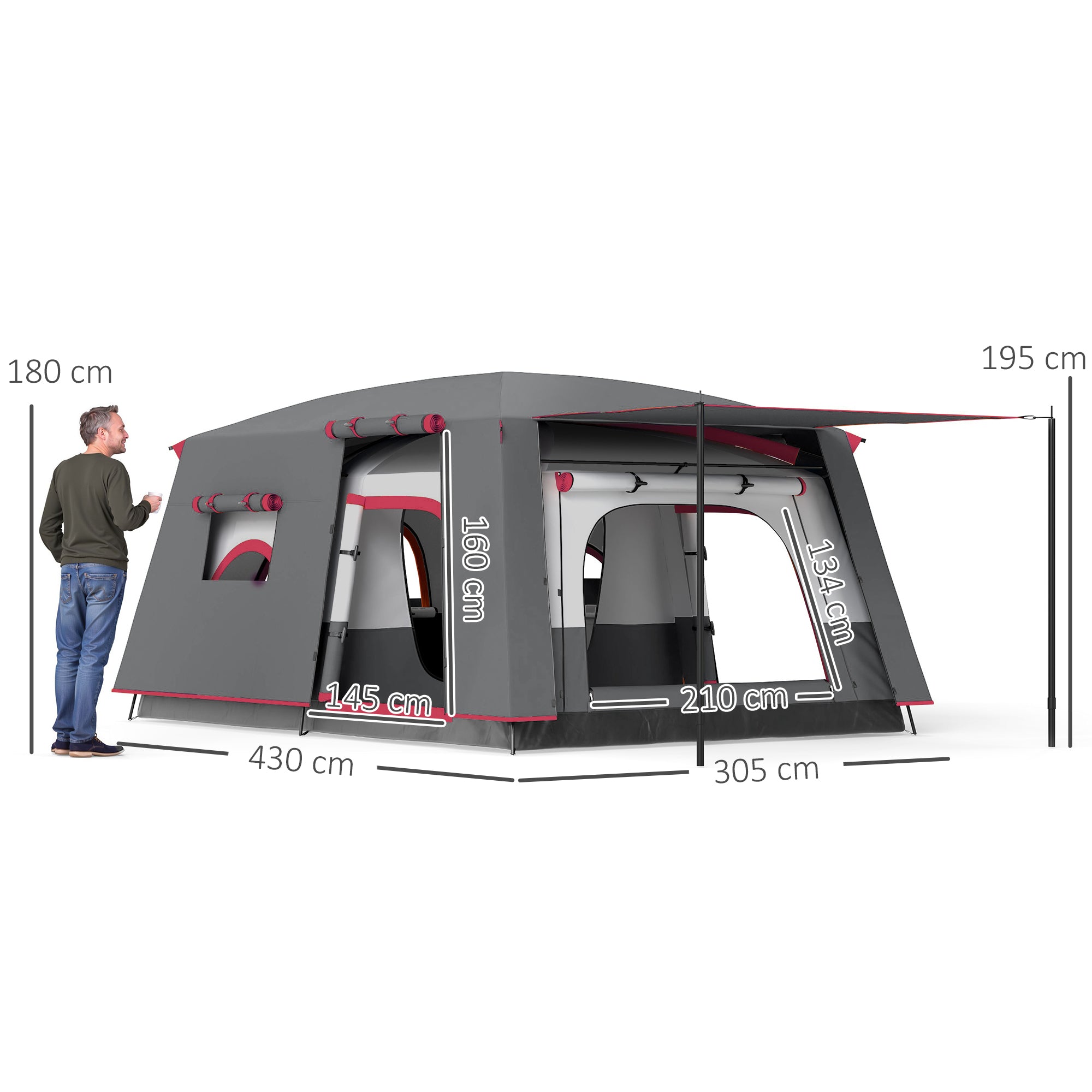 Family Tent for 4-6 People Tunnel Tent with 2 Sleeping Areas Awning Waterproof 3000 mm UV Protection for Fishing Hiking Red