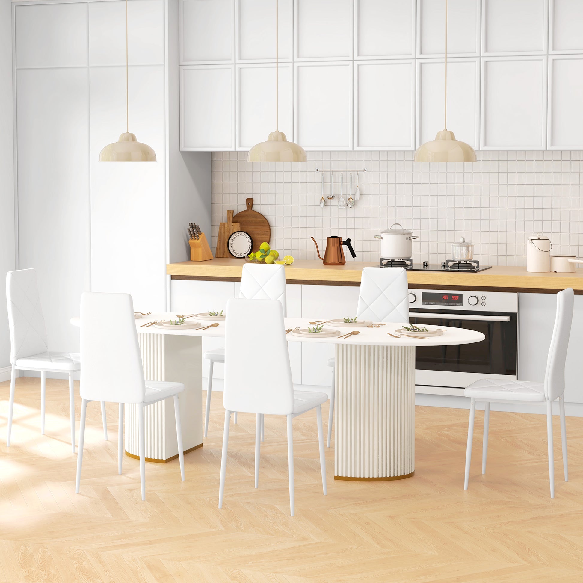 Set of 6 Upholstered High Back Dining Chairs, Kitchen Chairs in Faux Leather Diamond Stitching with Non-Slip Feet and Steel Legs for Dining Room, 41x50x97 cm, White