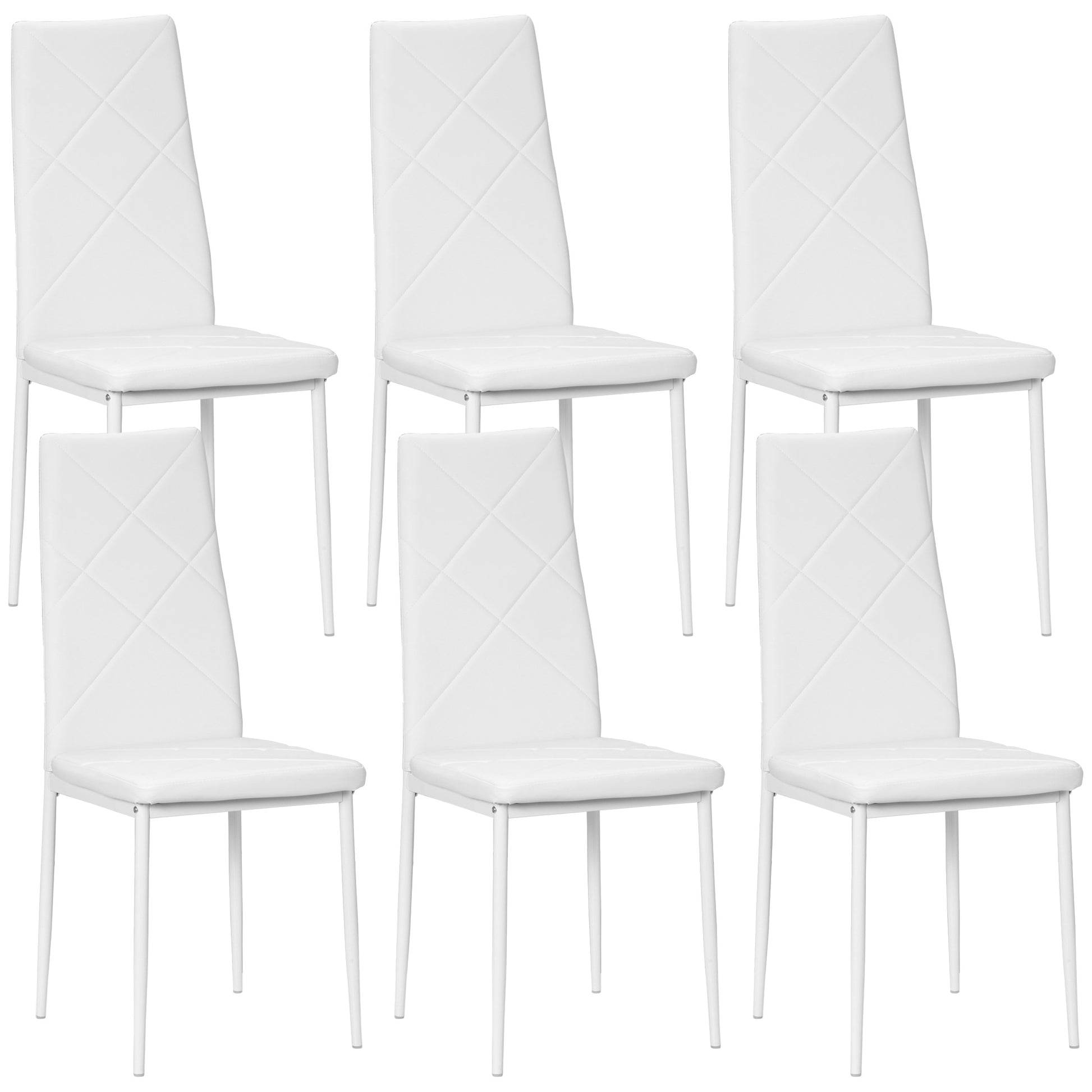 Set of 6 Upholstered High Back Dining Chairs, Kitchen Chairs in Faux Leather Diamond Stitching with Non-Slip Feet and Steel Legs for Dining Room, 41x50x97 cm, White