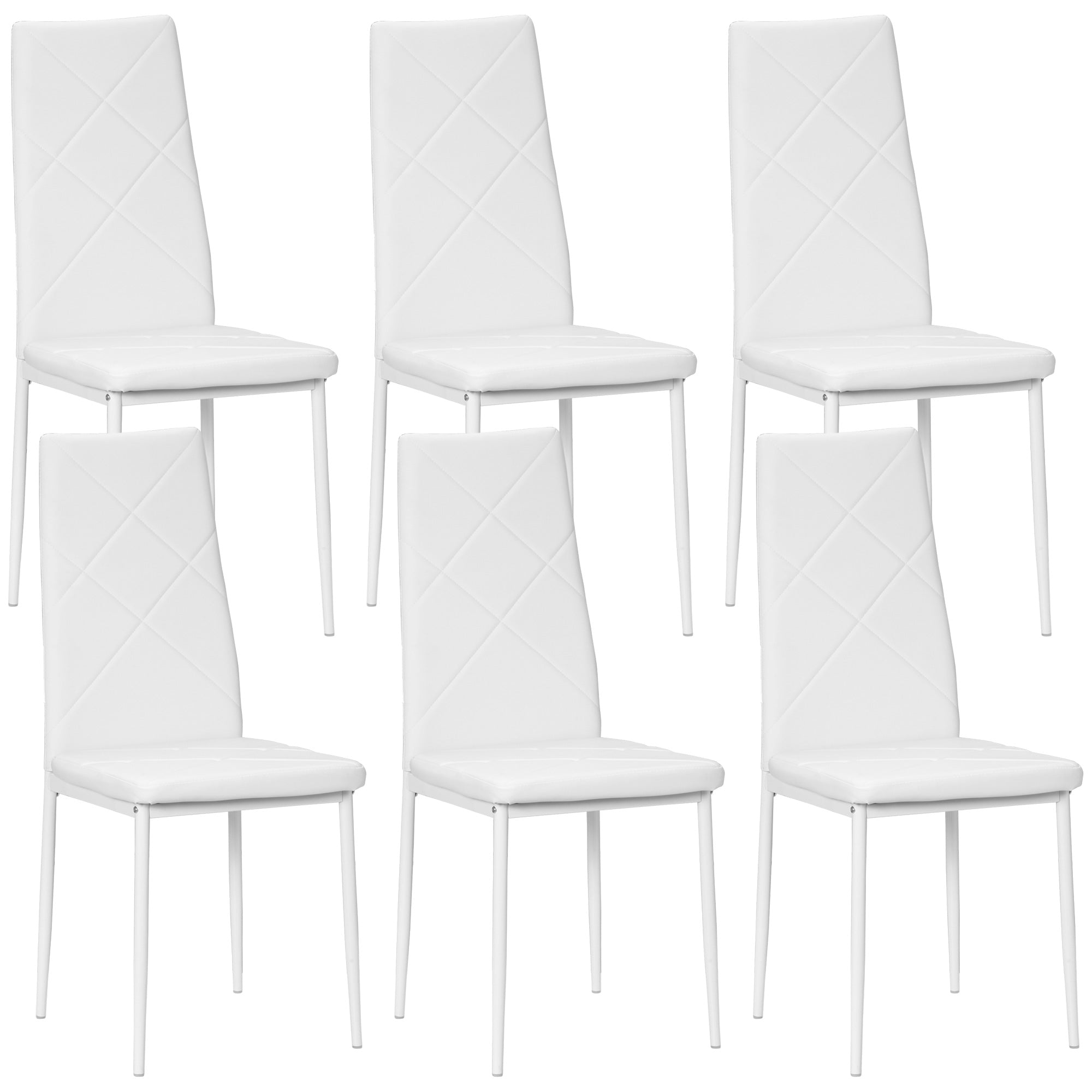 Set of 6 Upholstered High Back Dining Chairs, Kitchen Chairs in Faux Leather Diamond Stitching with Non-Slip Feet and Steel Legs for Dining Room, 41x50x97 cm, White