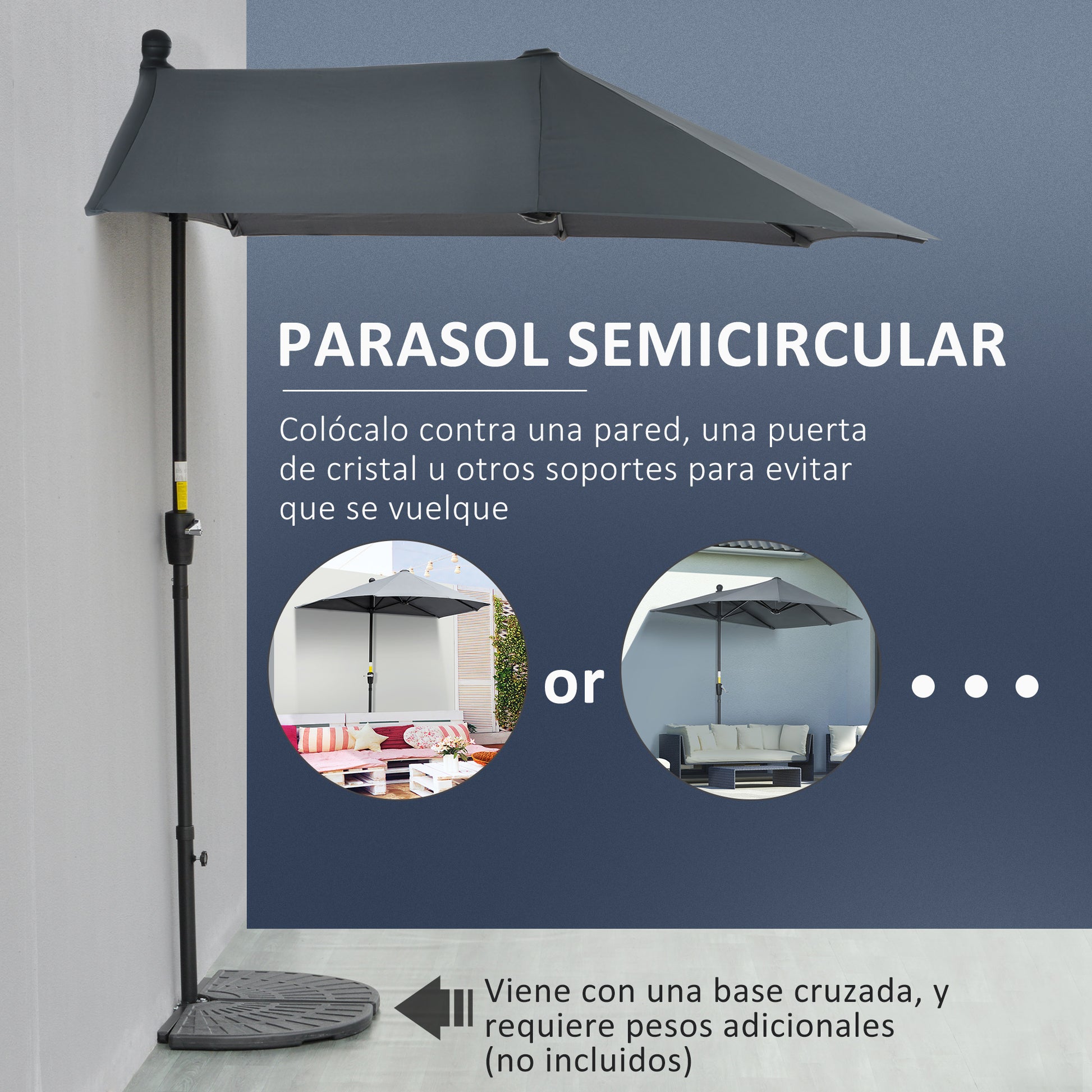 Garden Wall Umbrella 200x190x240 cm Terrace Parasol with Crank Steel Pole and Cross Base Anti-UV for Terrace Balcony Gray