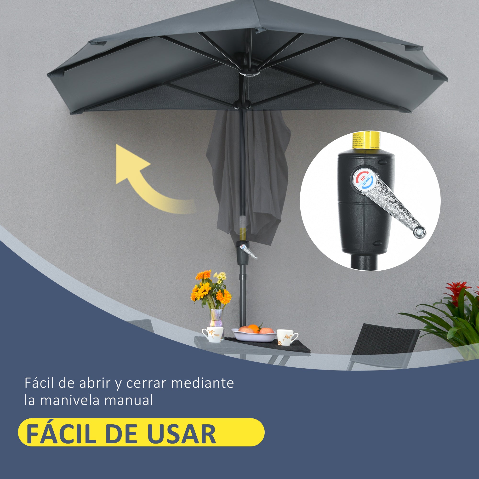 Garden Wall Umbrella 200x190x240 cm Terrace Parasol with Crank Steel Pole and Cross Base Anti-UV for Terrace Balcony Gray