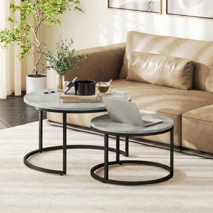 Set of 2 Nesting Round Coffee Tables — Stackable Industrial Design, Black Metal Legs, Gray Cement Top