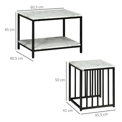 Set of 2 nested side tables low stackable tables with marble-effect wood top and black metal frame