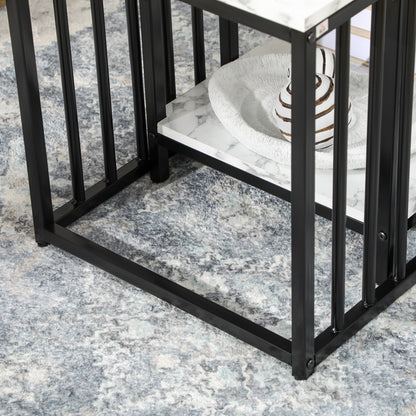 Set of 2 nested side tables low stackable tables with marble-effect wood top and black metal frame