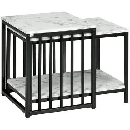 Set of 2 nested side tables low stackable tables with marble-effect wood top and black metal frame