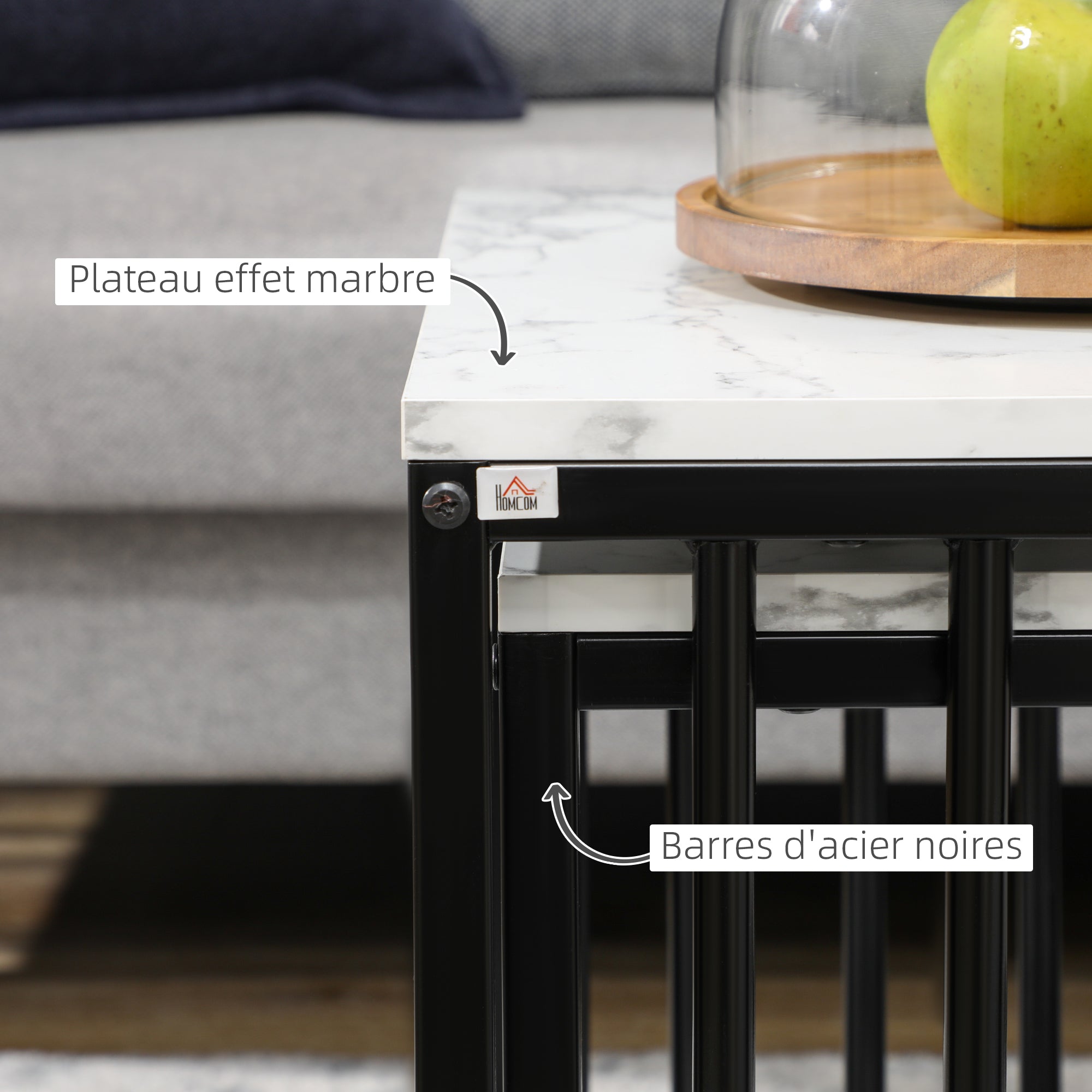 Set of 2 nested side tables low stackable tables with marble-effect wood top and black metal frame