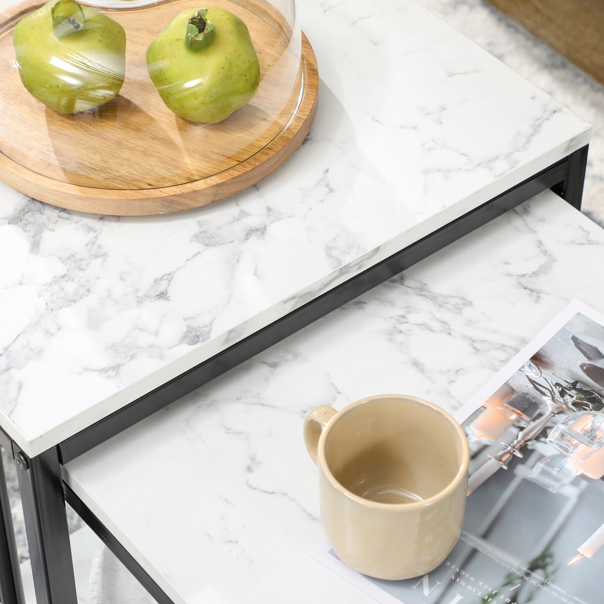 Set of 2 nested side tables low stackable tables with marble-effect wood top and black metal frame