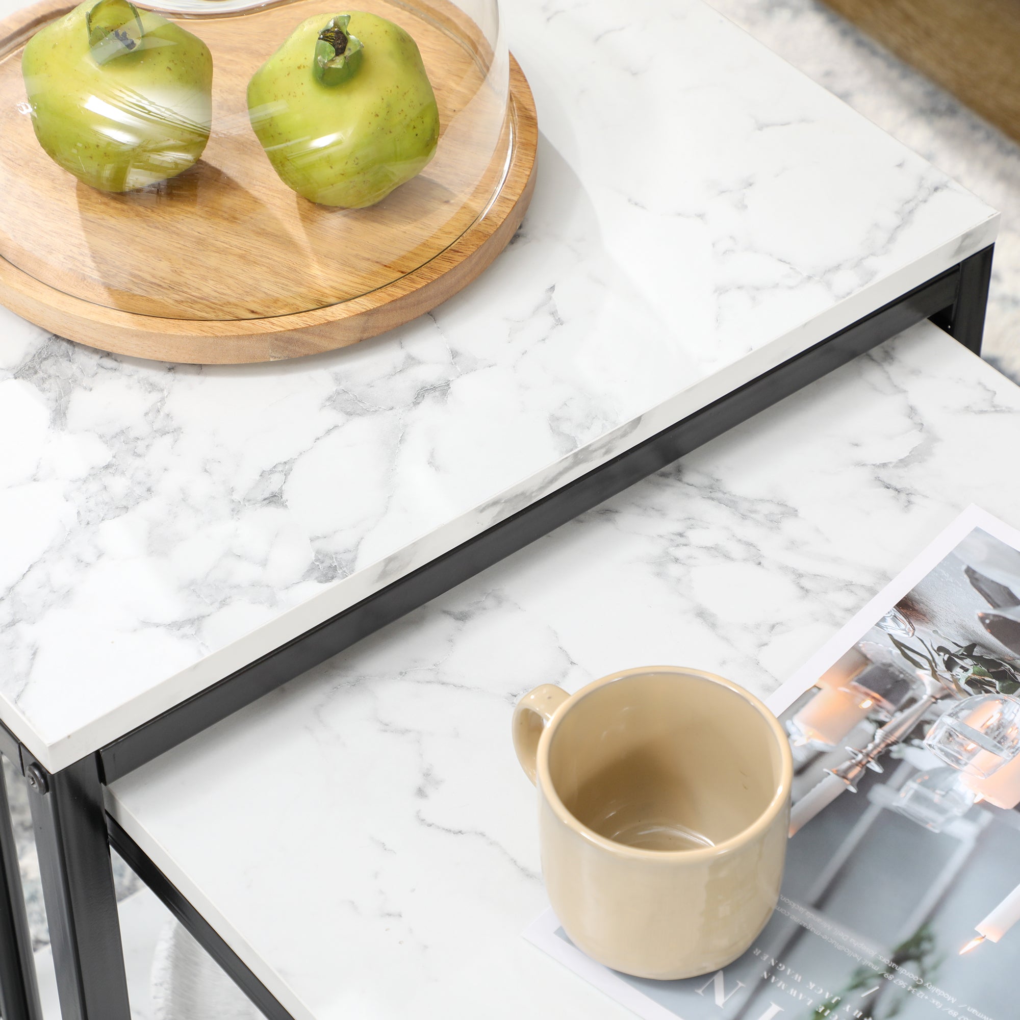 Set of 2 nested side tables low stackable tables with marble-effect wood top and black metal frame