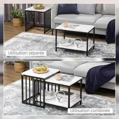 Set of 2 nested side tables low stackable tables with marble-effect wood top and black metal frame