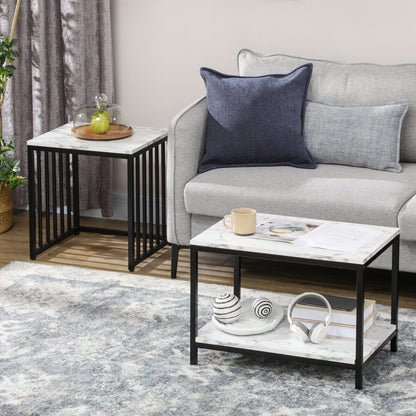 Set of 2 nested side tables low stackable tables with marble-effect wood top and black metal frame