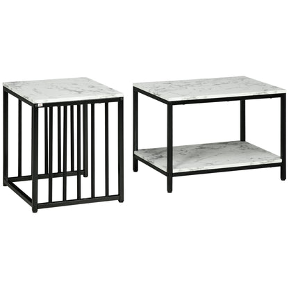 Set of 2 nested side tables low stackable tables with marble-effect wood top and black metal frame