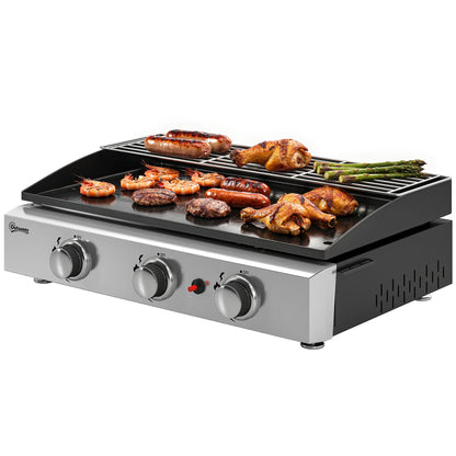 Portable Tabletop Gas Grill 7.5 kW – 3-Burner Ceramic-Coated Griddle, Stainless Warming Rack, Removable Grease Tray, Stainless Steel Picnic/Patio Grill