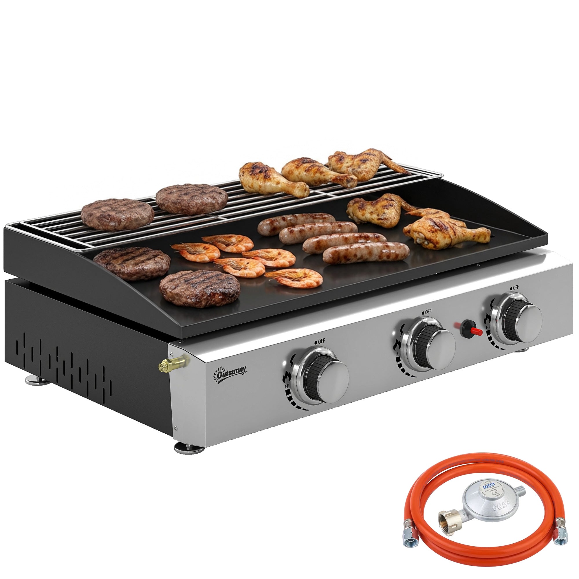Portable Tabletop Gas Grill 7.5 kW – 3-Burner Ceramic-Coated Griddle, Stainless Warming Rack, Removable Grease Tray, Stainless Steel Picnic/Patio Grill