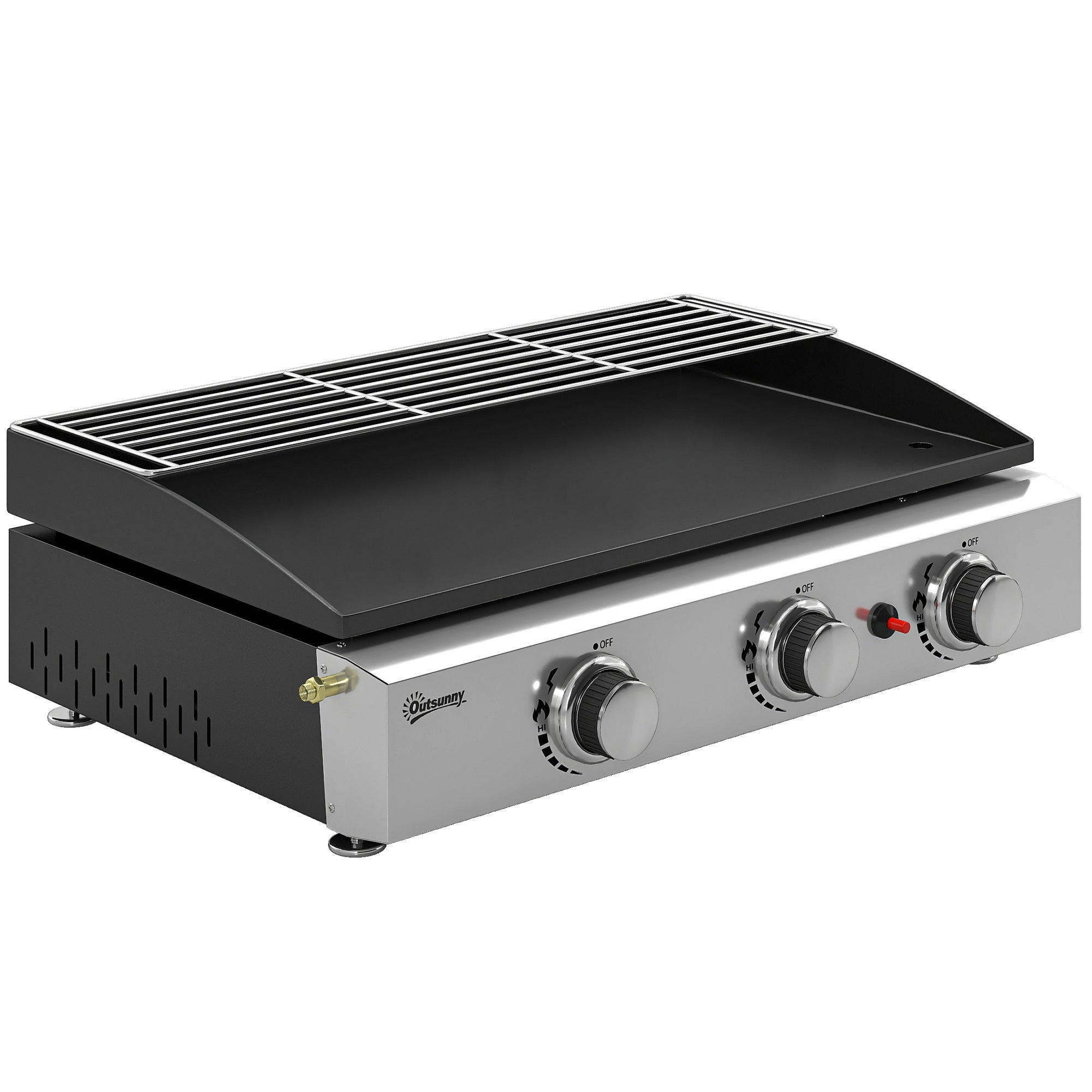 Portable Tabletop Gas Grill 7.5 kW – 3-Burner Ceramic-Coated Griddle, Stainless Warming Rack, Removable Grease Tray, Stainless Steel Picnic/Patio Grill