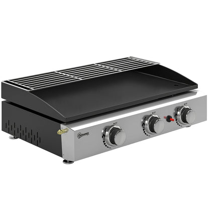 Portable Tabletop Gas Grill 7.5 kW – 3-Burner Ceramic-Coated Griddle, Stainless Warming Rack, Removable Grease Tray, Stainless Steel Picnic/Patio Grill