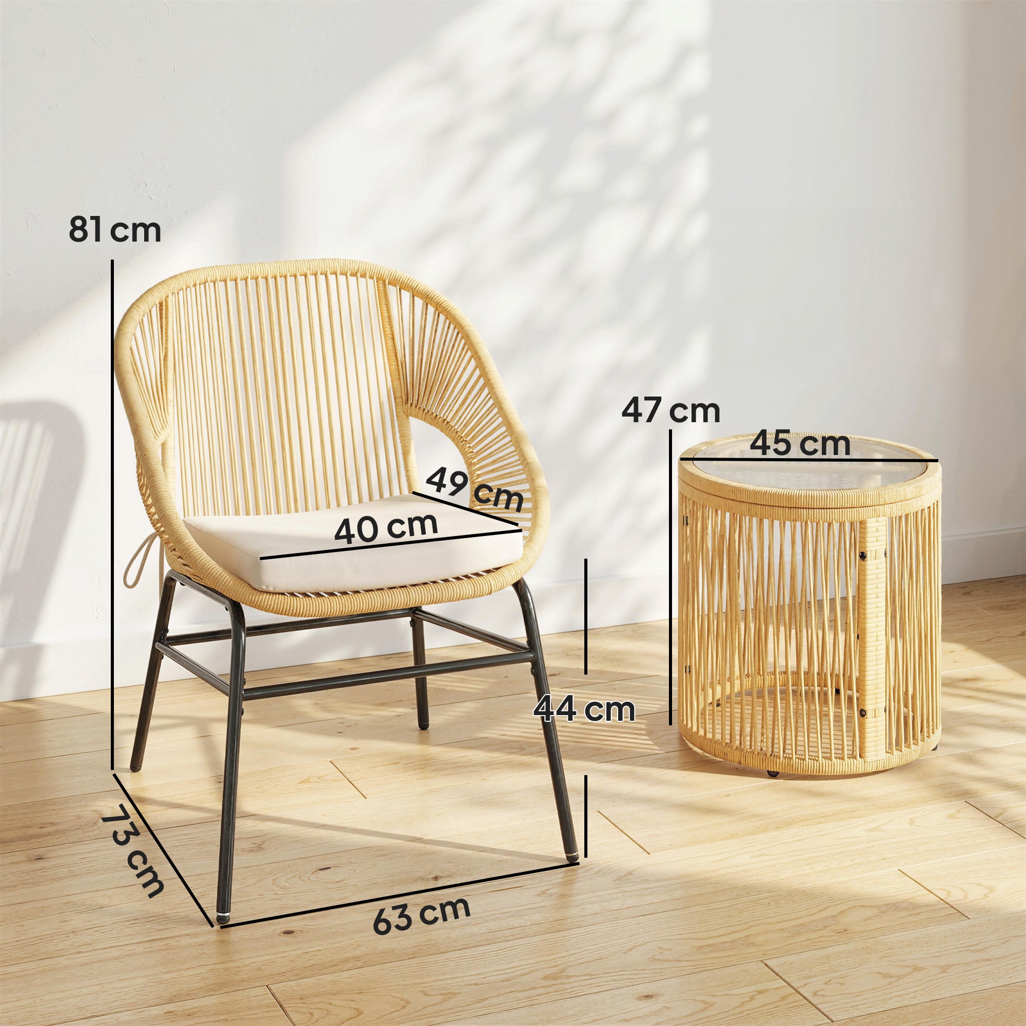 3-Piece Rattan Bistro Set – 2 Cushioned Chairs & Tempered Glass Table, Ergonomic Balcony/Patio Furniture, Beige