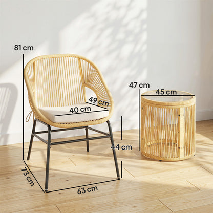 3-Piece Rattan Bistro Set – 2 Cushioned Chairs & Tempered Glass Table, Ergonomic Balcony/Patio Furniture, Beige