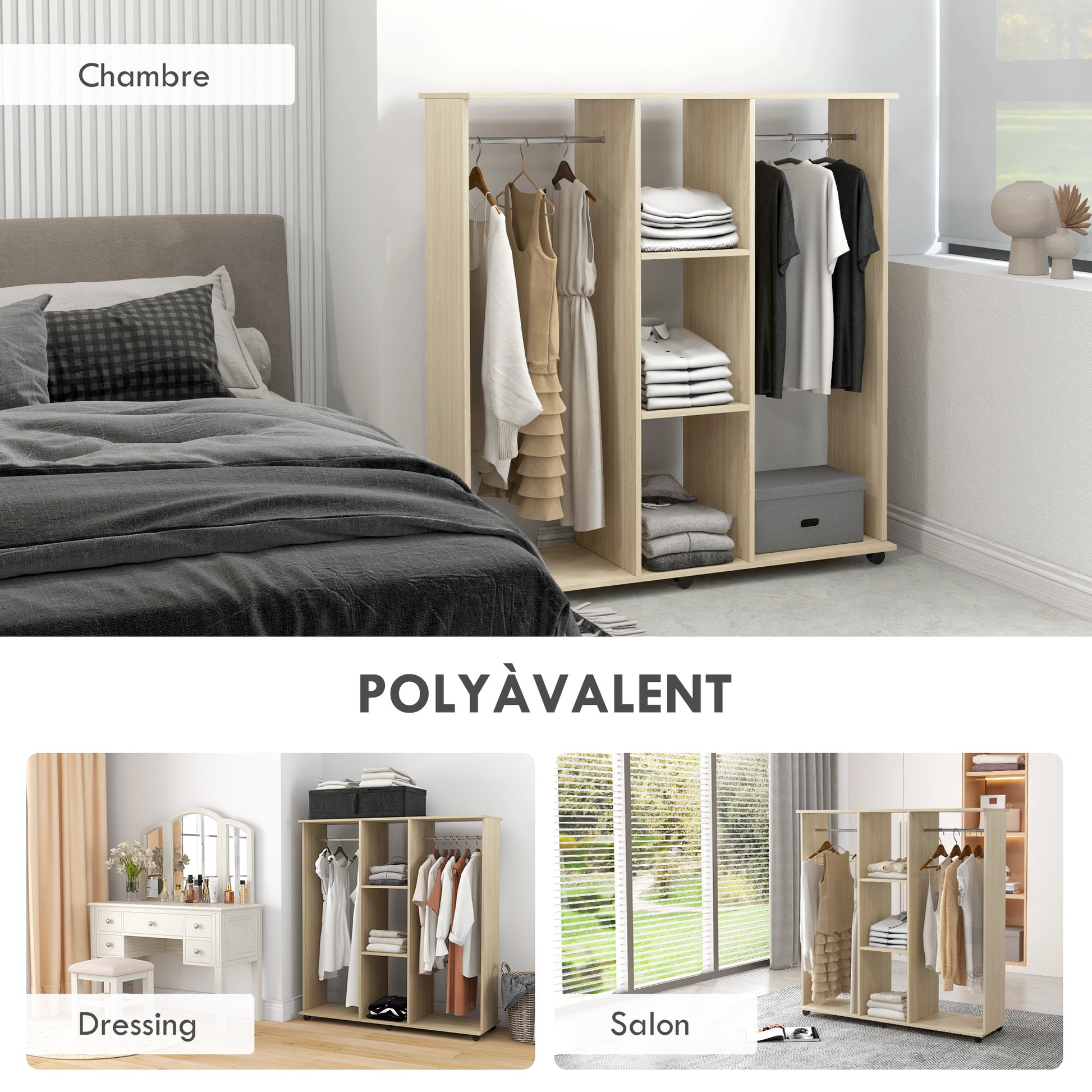 Mobile Wardrobe Storage Cabinet with 6 Wheels 120L x 40W x 128H cm Natural Wood