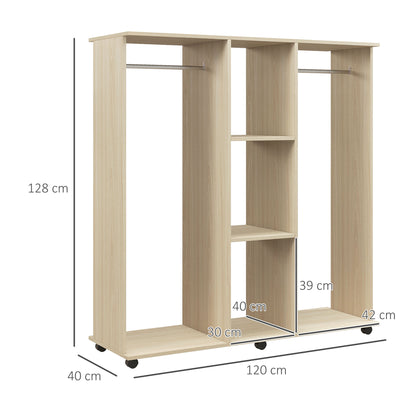 Mobile Wardrobe Storage Cabinet with 6 Wheels 120L x 40W x 128H cm Natural Wood