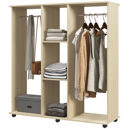 Mobile Wardrobe Storage Cabinet with 6 Wheels 120L x 40W x 128H cm Natural Wood