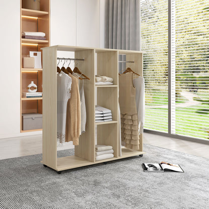 Mobile Wardrobe Storage Cabinet with 6 Wheels 120L x 40W x 128H cm Natural Wood