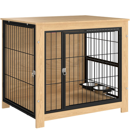 Dog Crate Modern Side Table Pet House with 2 Doors Swivel Stand with 2 Bowls and Steel Structure for Medium Dogs 31.5x23.6x26.8 inches Oak