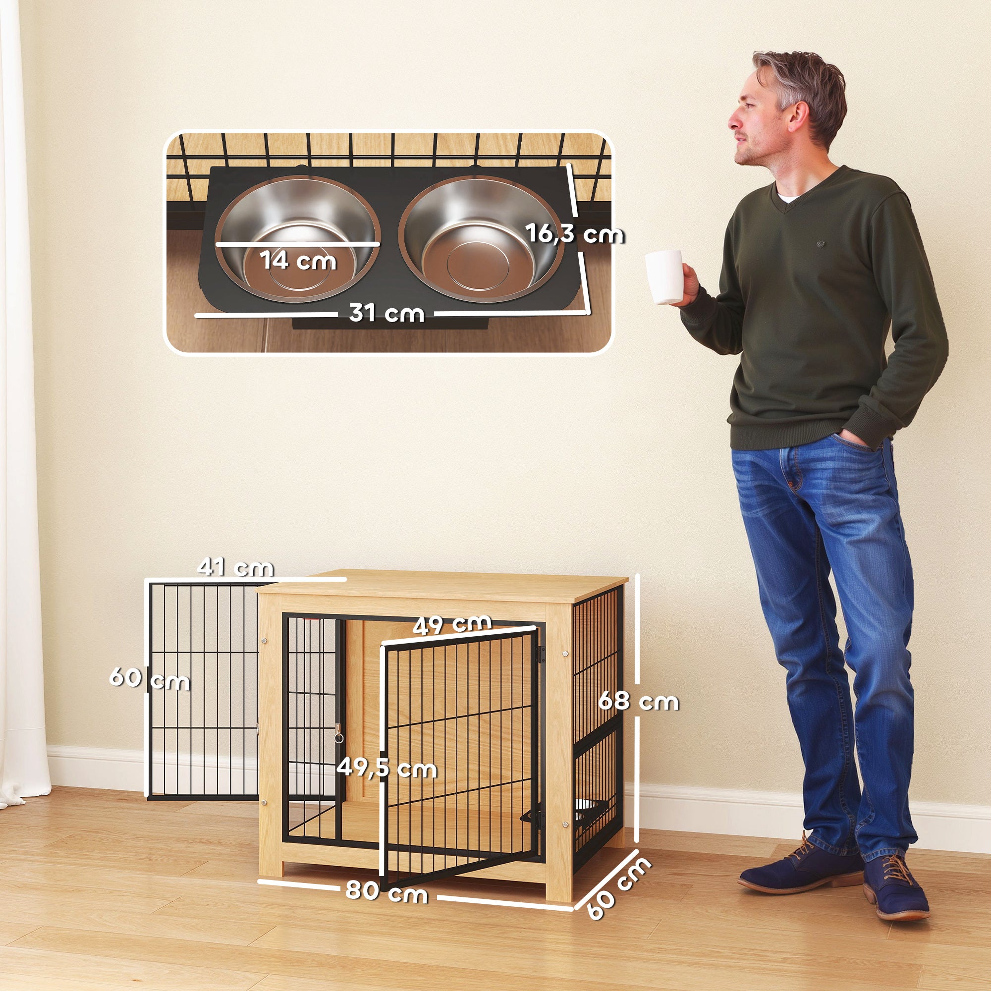 Dog Crate Modern Side Table Pet House with 2 Doors Swivel Stand with 2 Bowls and Steel Structure for Medium Dogs 31.5x23.6x26.8 inches Oak