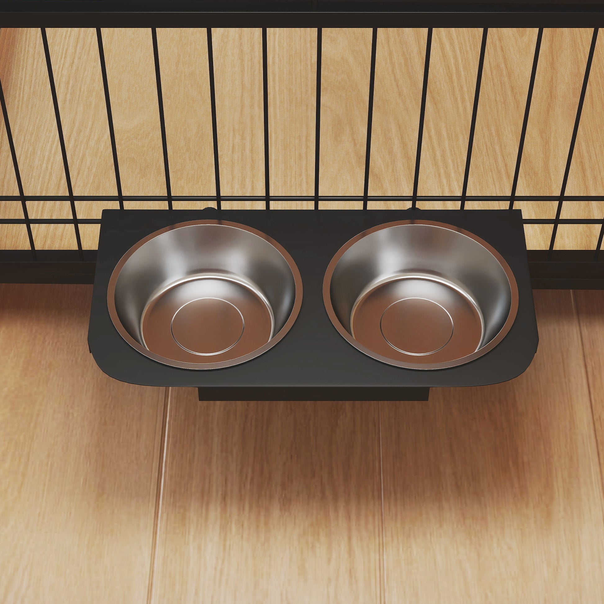 Dog Crate Modern Side Table Pet House with 2 Doors Swivel Stand with 2 Bowls and Steel Structure for Medium Dogs 31.5x23.6x26.8 inches Oak