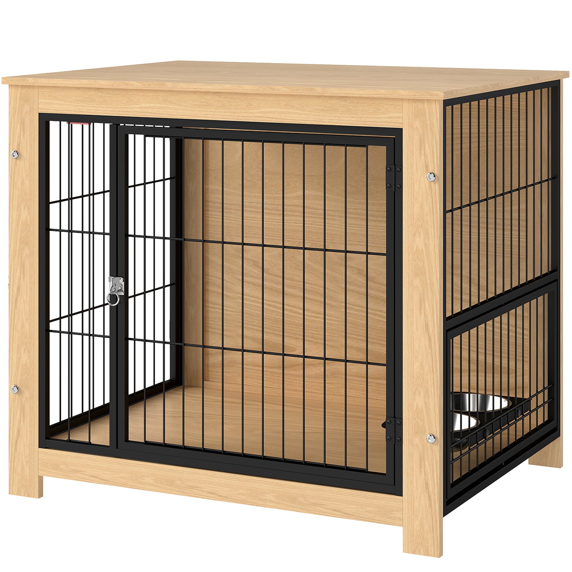 Dog Crate Modern Side Table Pet House with 2 Doors Swivel Stand with 2 Bowls and Steel Structure for Medium Dogs 31.5x23.6x26.8 inches Oak