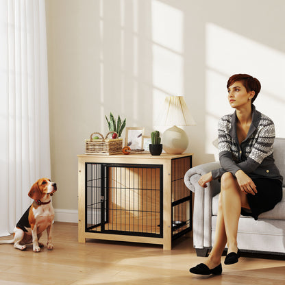 Dog Crate Modern Side Table Pet House with 2 Doors Swivel Stand with 2 Bowls and Steel Structure for Medium Dogs 31.5x23.6x26.8 inches Oak