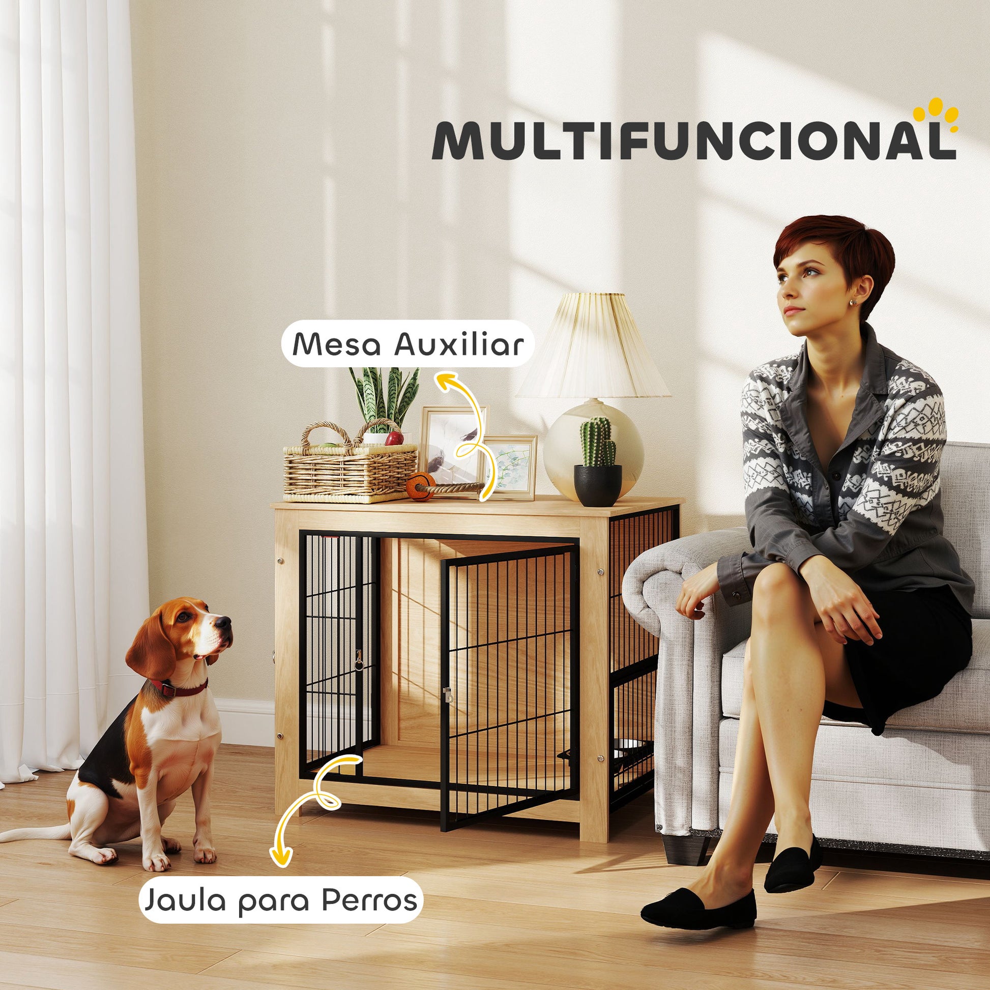 Dog Crate Modern Side Table Pet House with 2 Doors Swivel Stand with 2 Bowls and Steel Structure for Medium Dogs 31.5x23.6x26.8 inches Oak