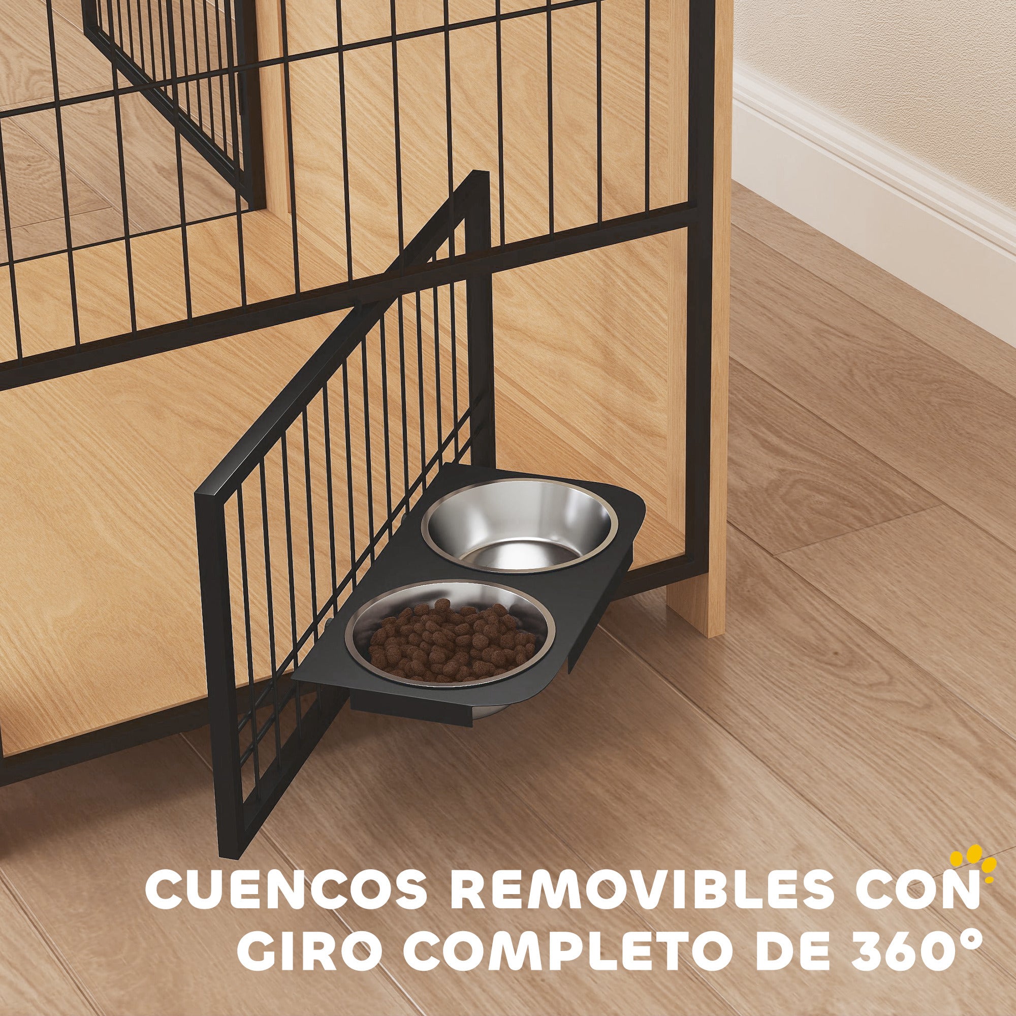 Dog Crate Modern Side Table Pet House with 2 Doors Swivel Stand with 2 Bowls and Steel Structure for Medium Dogs 31.5x23.6x26.8 inches Oak