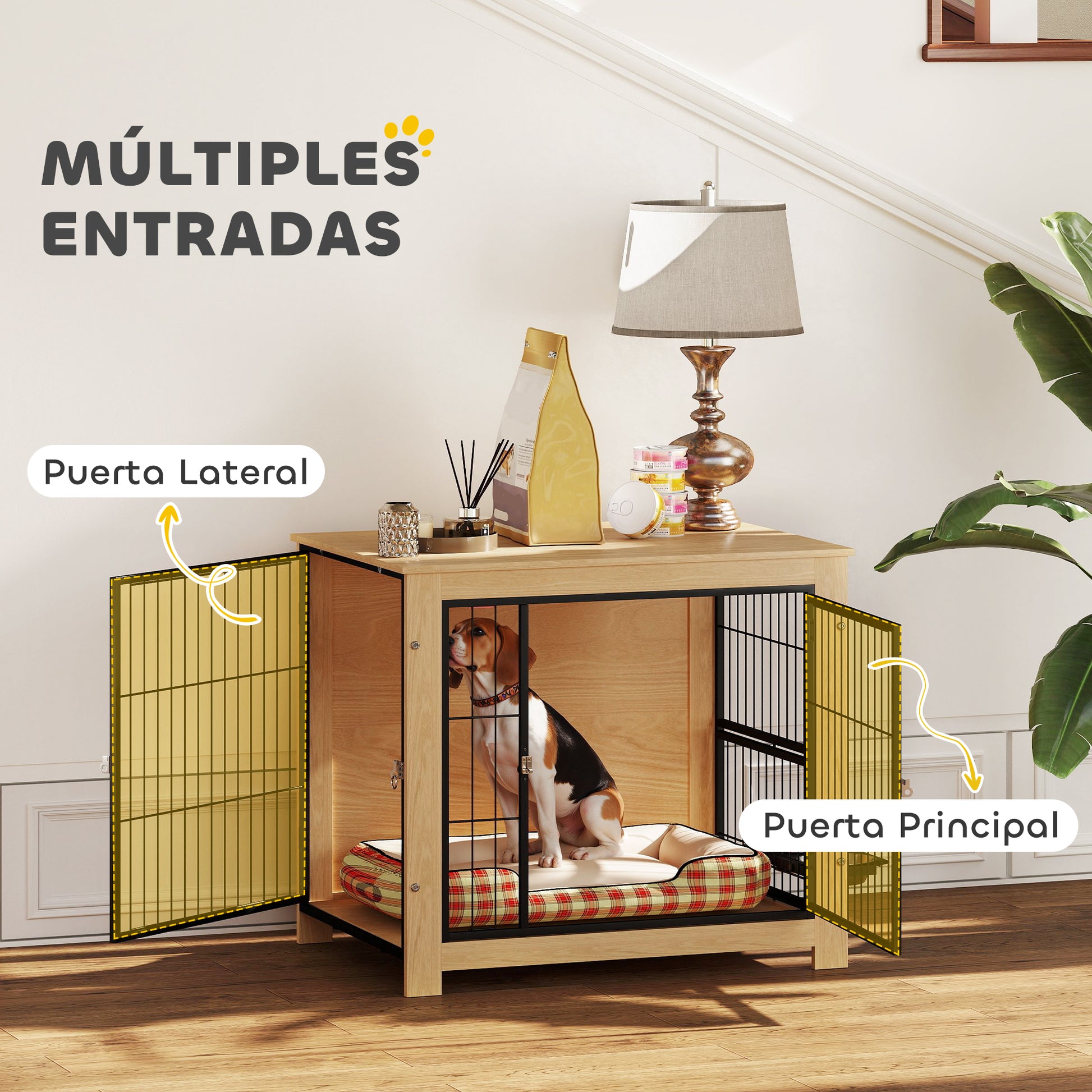 Dog Crate Modern Side Table Pet House with 2 Doors Swivel Stand with 2 Bowls and Steel Structure for Medium Dogs 31.5x23.6x26.8 inches Oak