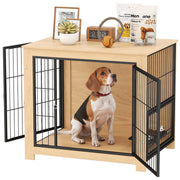 Dog Crate Modern Side Table Pet House with 2 Doors Swivel Stand with 2 Bowls and Steel Structure for Medium Dogs 31.5x23.6x26.8 inches Oak
