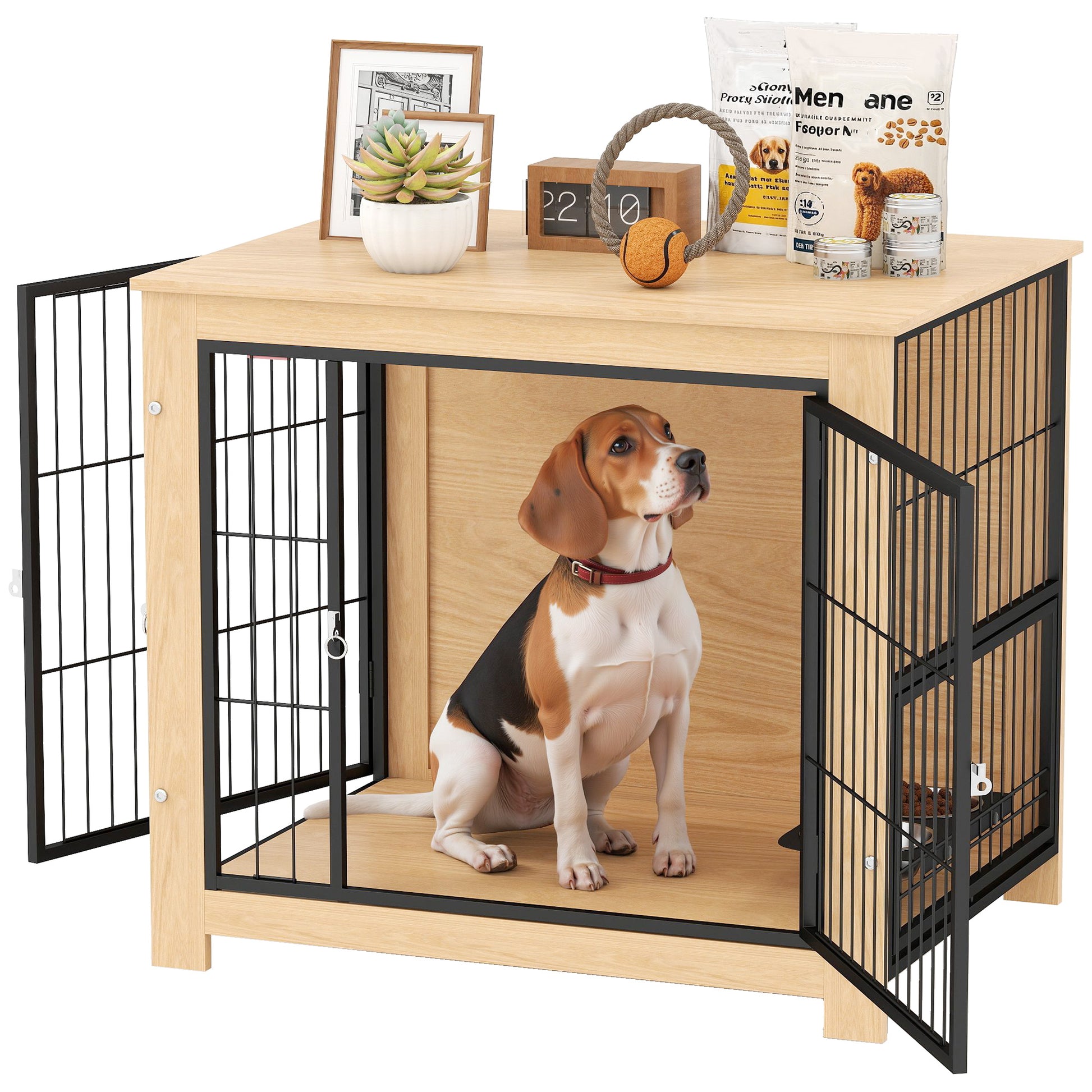 Dog Crate Modern Side Table Pet House with 2 Doors Swivel Stand with 2 Bowls and Steel Structure for Medium Dogs 31.5x23.6x26.8 inches Oak