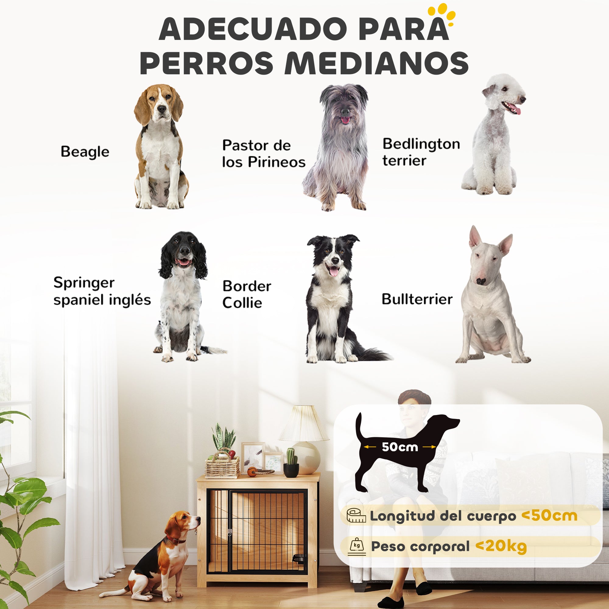 Dog Crate Modern Side Table Pet House with 2 Doors Swivel Stand with 2 Bowls and Steel Structure for Medium Dogs 31.5x23.6x26.8 inches Oak