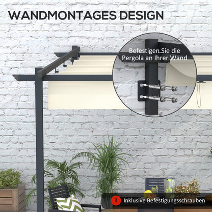 Patio Pergola approx. 3x3m Garden Pavilion made of Aluminum, Wall-Mounted Garden Pavilion with Adjustable Roof, Sun Protection Patio Roof for Garden Terrace, Cream White