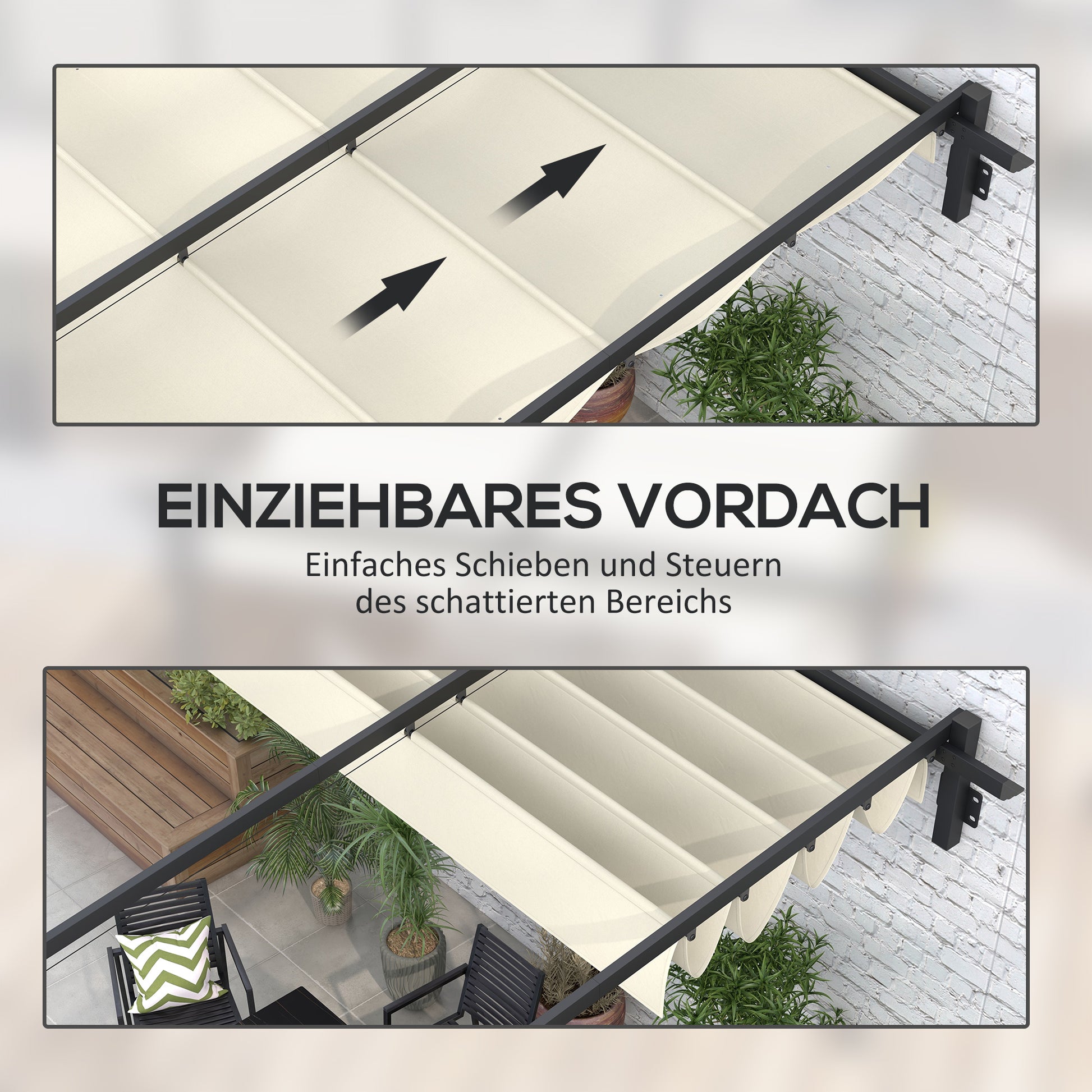 Patio Pergola approx. 3x3m Garden Pavilion made of Aluminum, Wall-Mounted Garden Pavilion with Adjustable Roof, Sun Protection Patio Roof for Garden Terrace, Cream White
