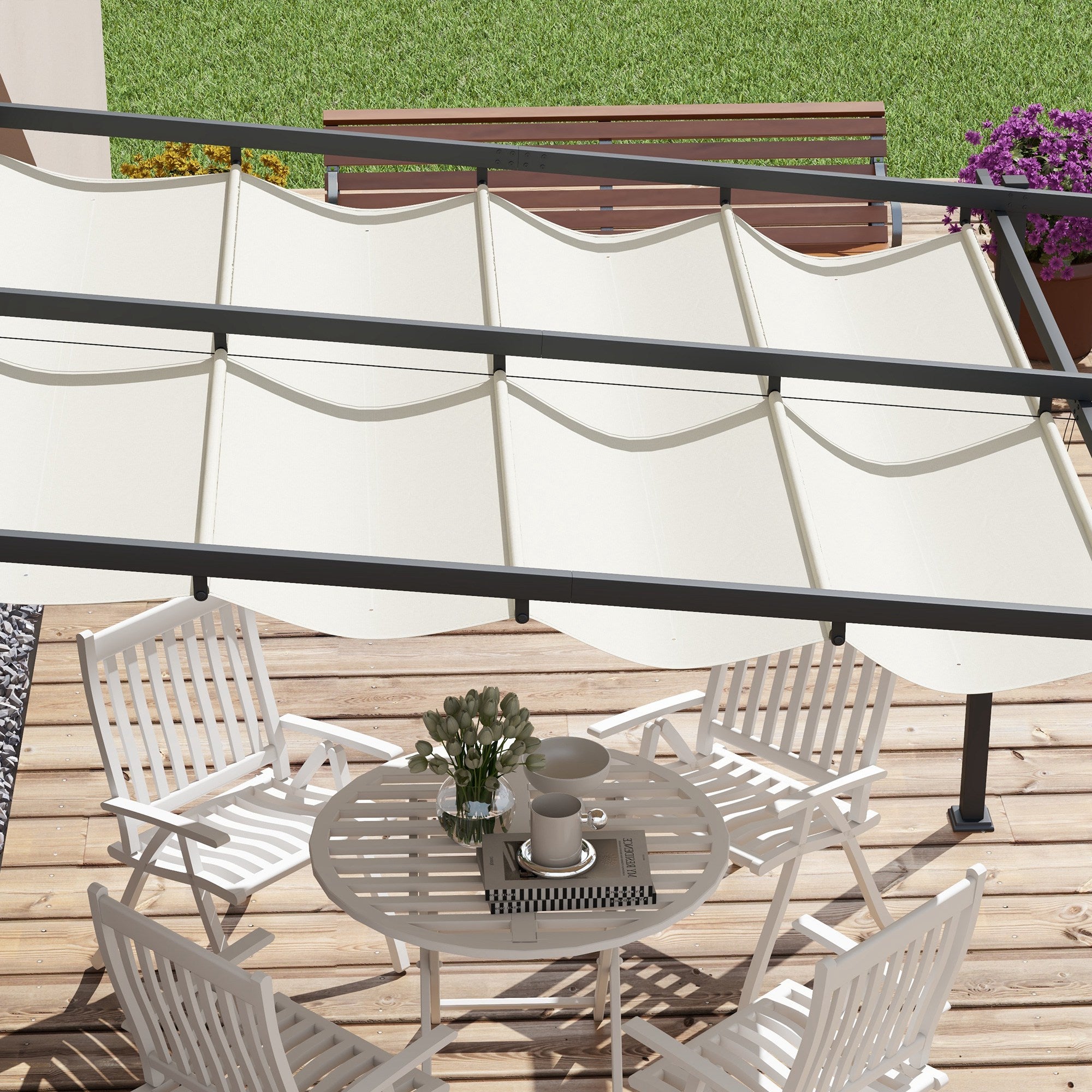Patio Pergola approx. 3x3m Garden Pavilion made of Aluminum, Wall-Mounted Garden Pavilion with Adjustable Roof, Sun Protection Patio Roof for Garden Terrace, Cream White