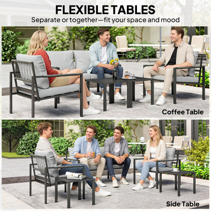 5-Piece Weather-Resistant Patio Set for 4 — 2-Seater Sofa, 2 Armchairs with Cushions, 2 Side Tables, Light Gray