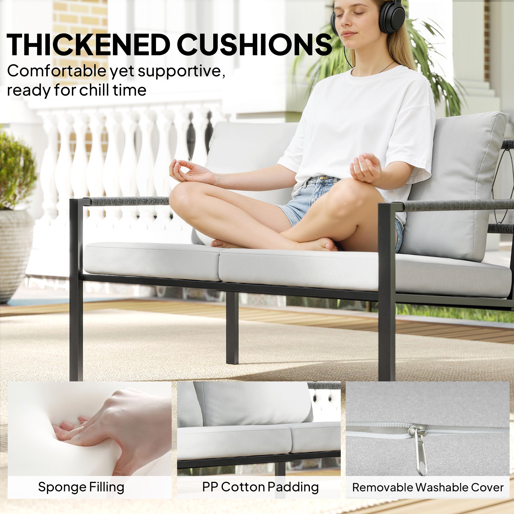 5-Piece Weather-Resistant Patio Set for 4 — 2-Seater Sofa, 2 Armchairs with Cushions, 2 Side Tables, Light Gray