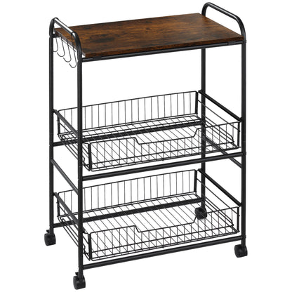 3-Tier Wheeled Utility Cart Vegetable Trolley with 2 Baskets and 4 Hooks for Dining Room Living Room 60x38x85.5 cm Rustic Brown