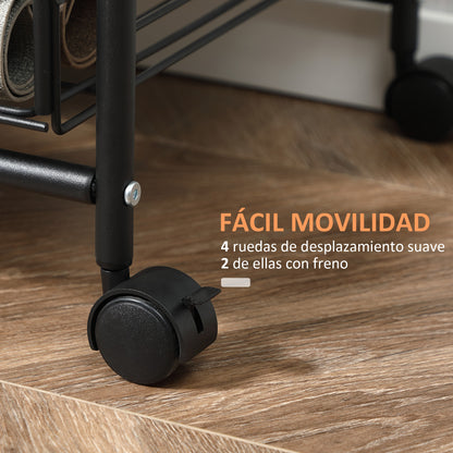 3-Tier Wheeled Utility Cart Vegetable Trolley with 2 Baskets and 4 Hooks for Dining Room Living Room 60x38x85.5 cm Rustic Brown