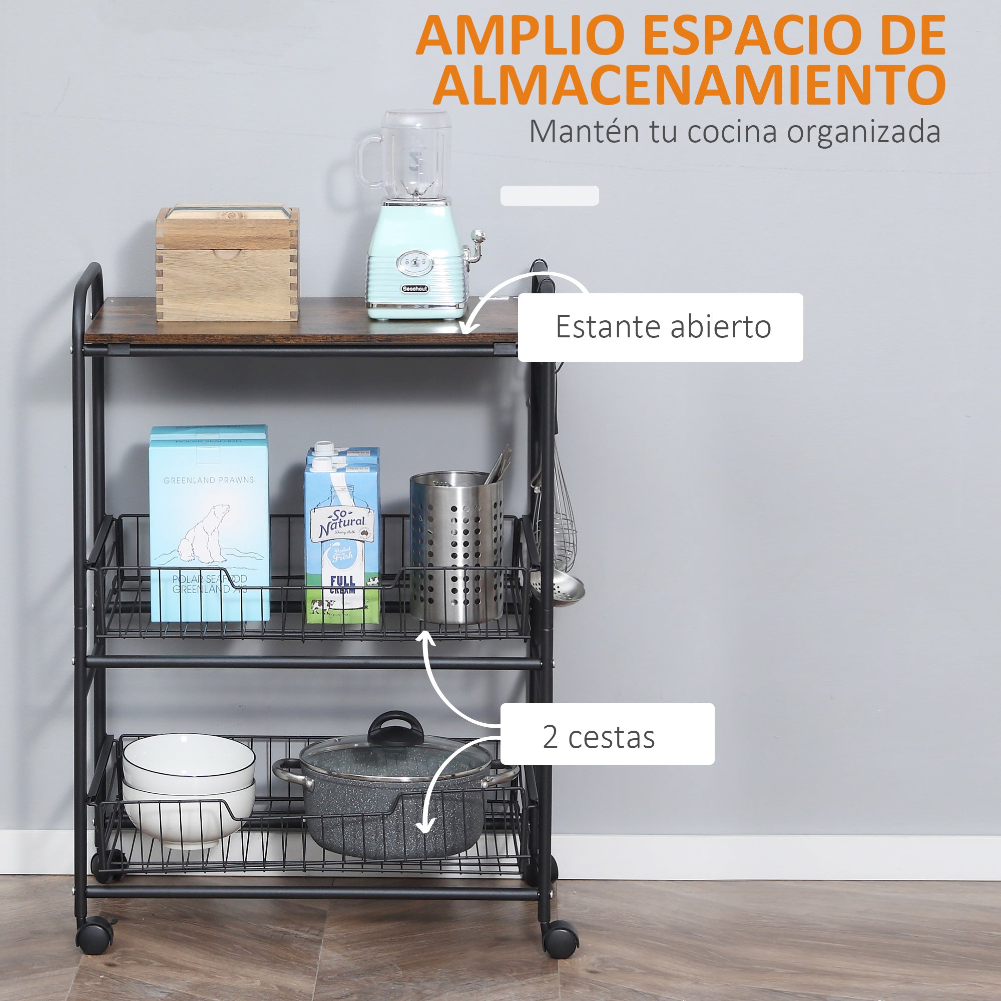 3-Tier Wheeled Utility Cart Vegetable Trolley with 2 Baskets and 4 Hooks for Dining Room Living Room 60x38x85.5 cm Rustic Brown